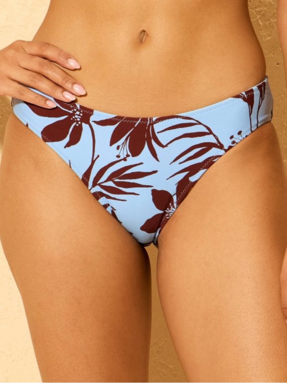 Shade & Shore Reversible Light Blue Bikini Bottom with Brown Floral Print, L